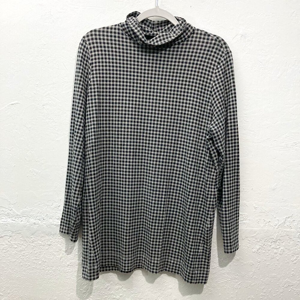 J JILL Women's Black Gray Check Luxe Supima Turtleneck Tunic Top Preppy Size L